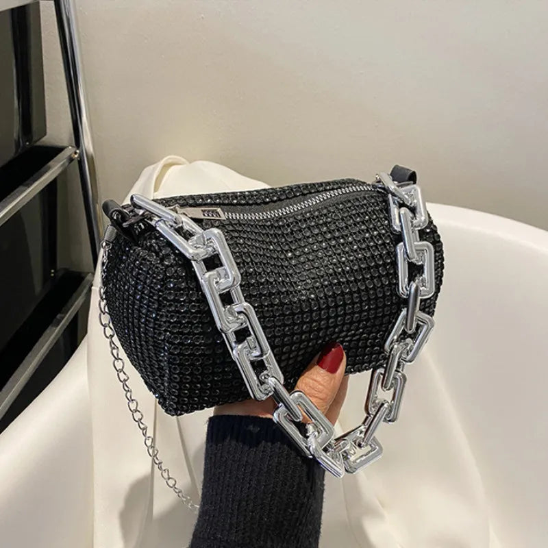 Women's Rhinestone Small Shoulder Bag Shiny Chain Handbag (6.3*3.54) inches