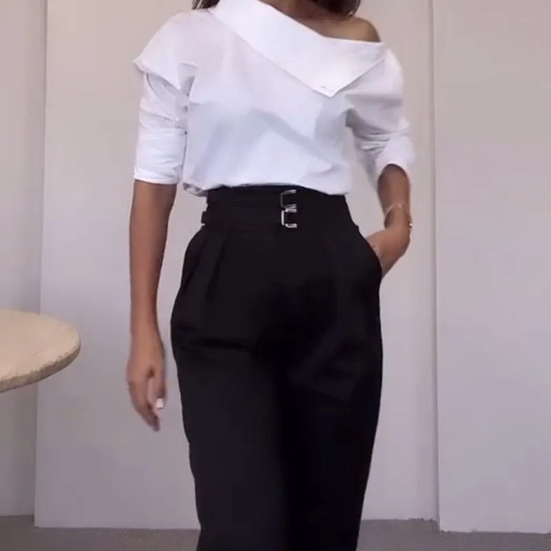 Women Trendy Stand Collar Side Button Elegant Shirt Spring Leisure Versatile Sexy Off Shoulder Long Sleeve White Blouses