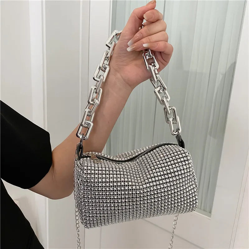 Women's Rhinestone Small Shoulder Bag Shiny Chain Handbag (6.3*3.54) inches