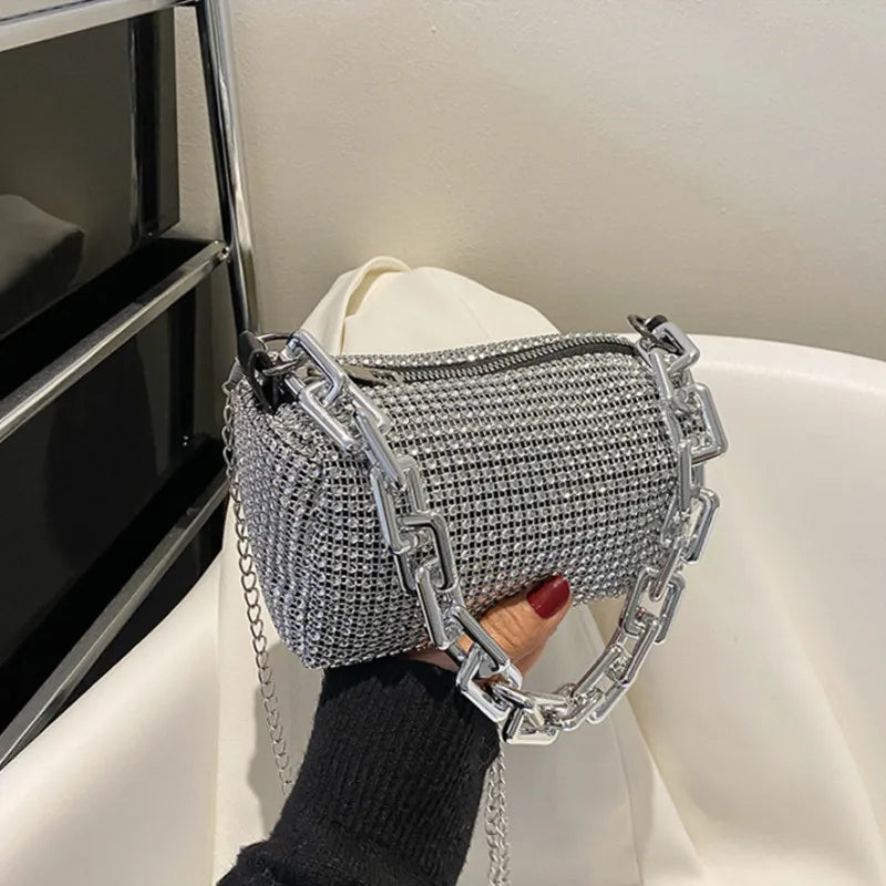 Women's Rhinestone Small Shoulder Bag Shiny Chain Handbag (6.3*3.54) inches