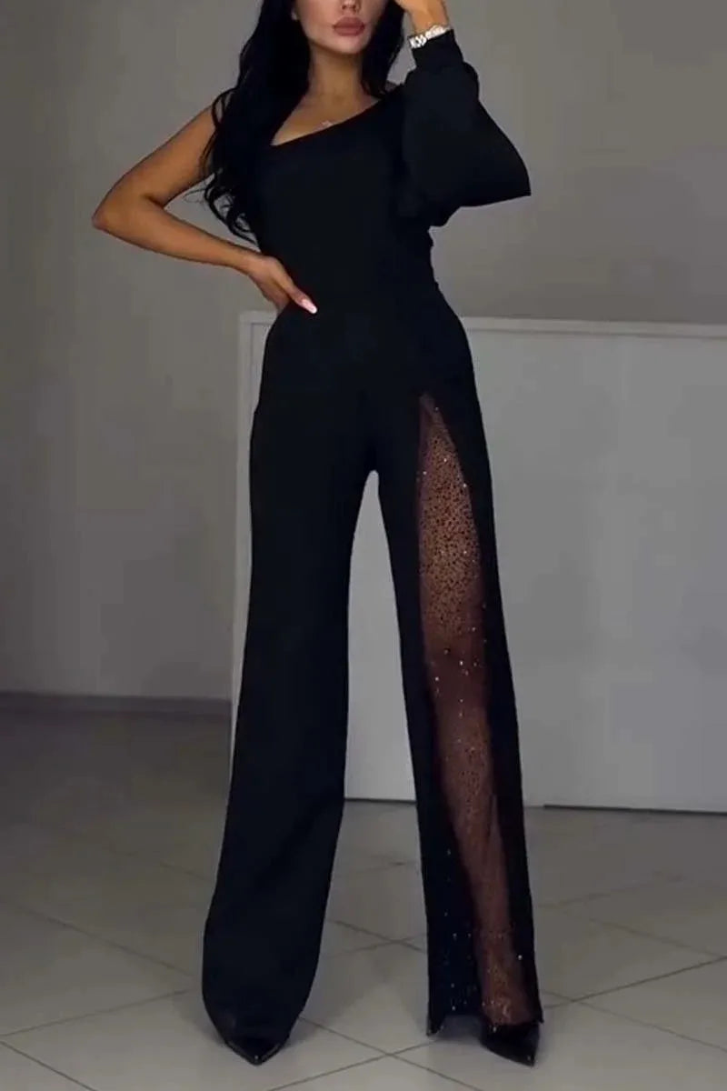 Fashion sexy off shoulder high slit jumpsuit, long sleeve black party jumpsuit