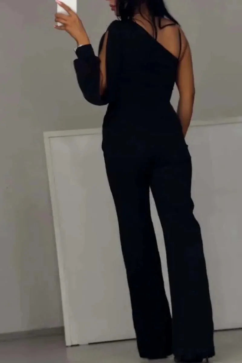 Fashion sexy off shoulder high slit jumpsuit, long sleeve black party jumpsuit