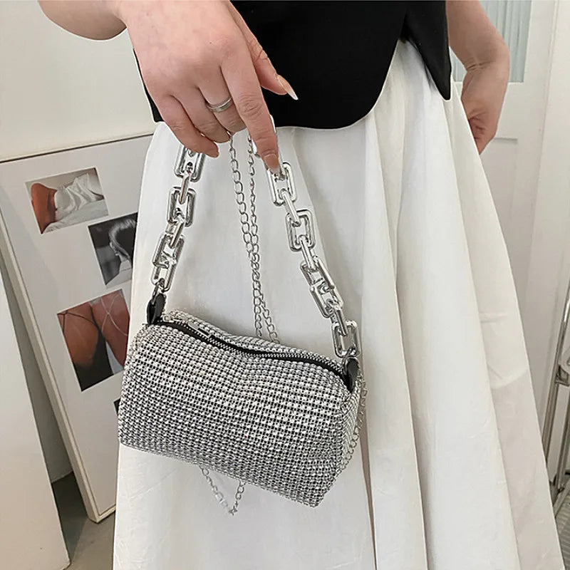 Women's Rhinestone Small Shoulder Bag Shiny Chain Handbag (6.3*3.54) inches