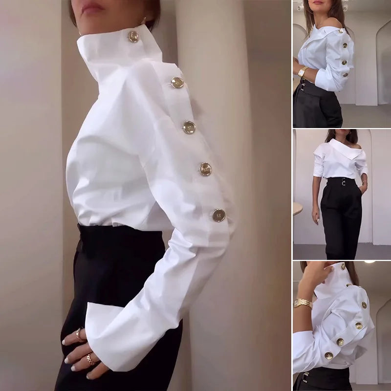 Women Trendy Stand Collar Side Button Elegant Shirt Spring Leisure Versatile Sexy Off Shoulder Long Sleeve White Blouses