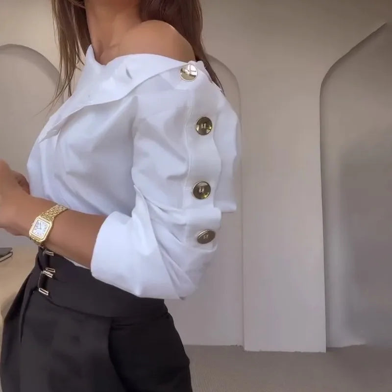 Women Trendy Stand Collar Side Button Elegant Shirt Spring Leisure Versatile Sexy Off Shoulder Long Sleeve White Blouses