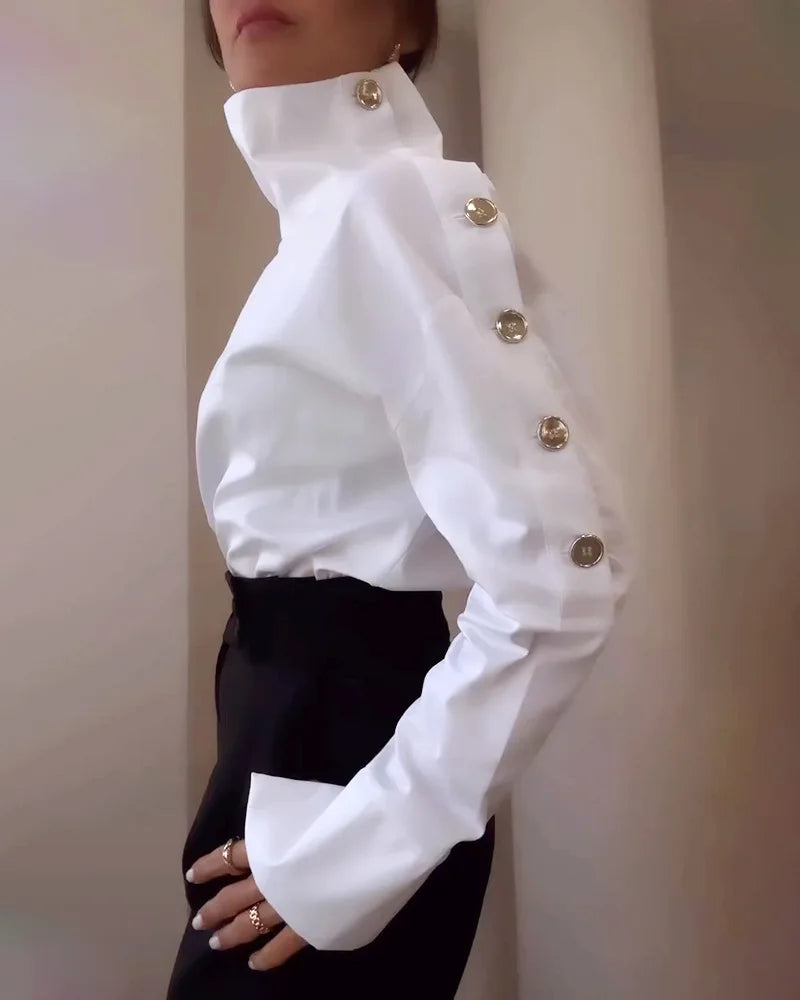 Women Trendy Stand Collar Side Button Elegant Shirt Spring Leisure Versatile Sexy Off Shoulder Long Sleeve White Blouses