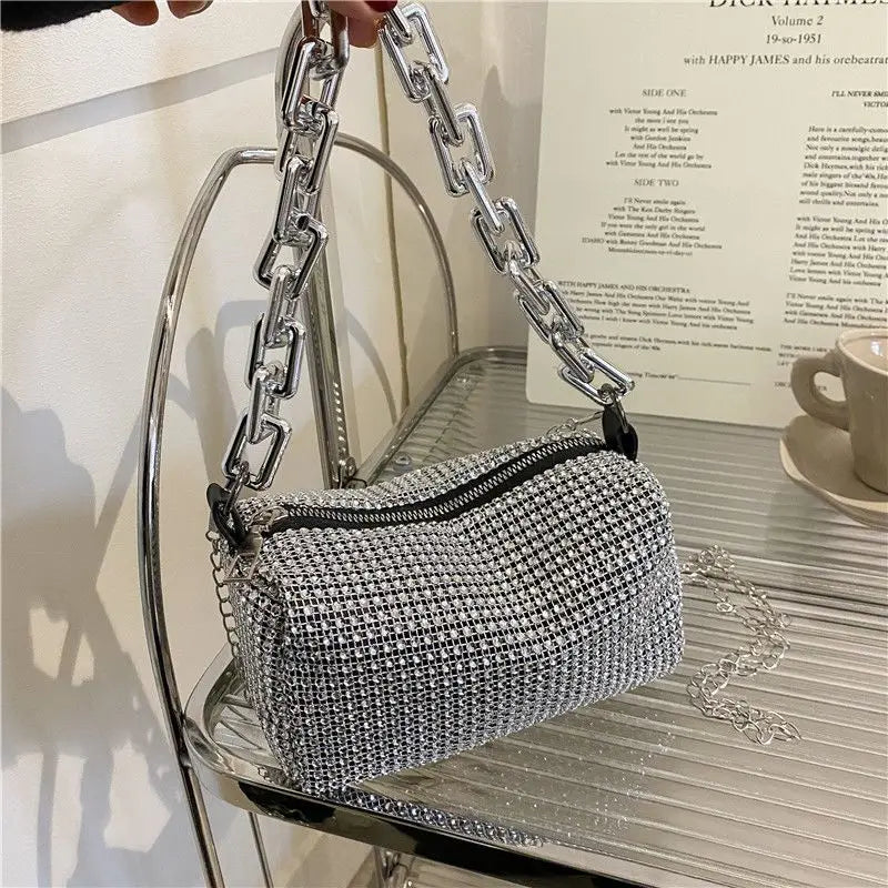 Women's Rhinestone Small Shoulder Bag Shiny Chain Handbag (6.3*3.54) inches