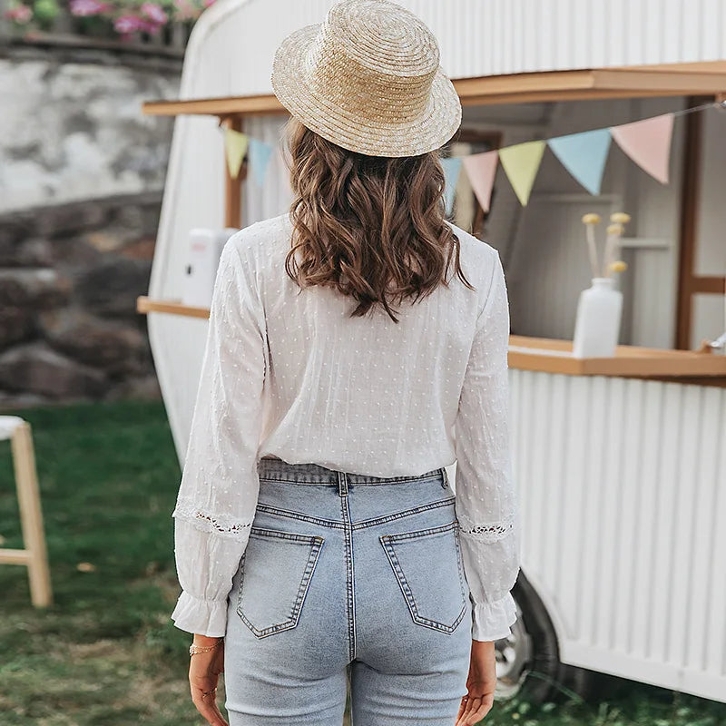 Romantic White Blouse with Lace and Ruffles | Bohemian Elegance 2025 Spring Summer Women Blouse Fashion Casual Ruffles V Neck Long Sleeve Hollow Out Tops Office Lady Boho Chic Shirt