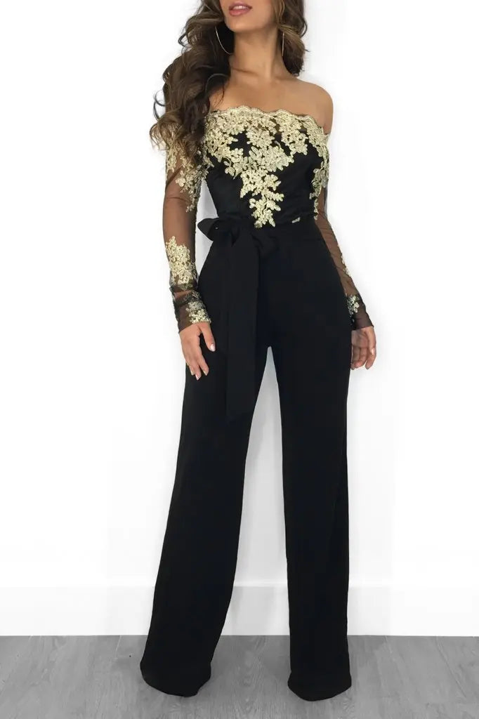Elegant Women's Jumpsuit Cowl Neck Lace Trim Wide Leg Overalls | Party & Work Wear