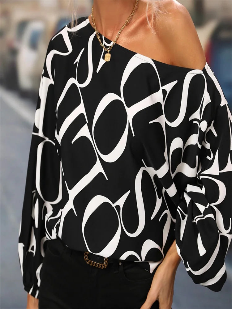 2025 Spring and Summer New Fashion Stylish Off-Shoulder Black and White Blouse – Chic Typography Print