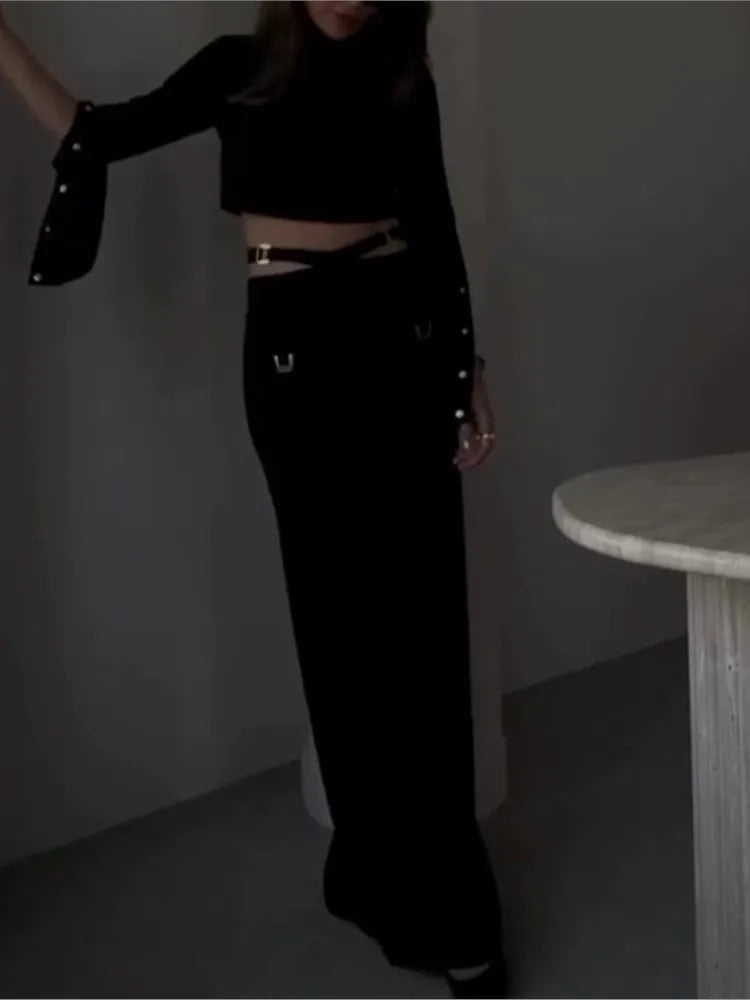 Chic 2-Piece Set for Women – Long Sleeve Crop Top & Wide-Leg Pants | Available in Black & White