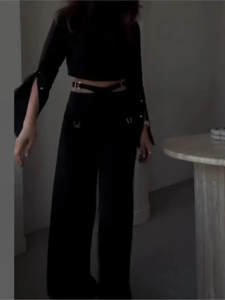 Chic 2-Piece Set for Women – Long Sleeve Crop Top & Wide-Leg Pants | Available in Black & White