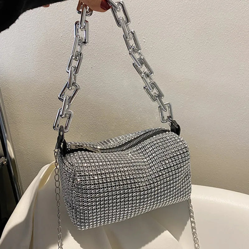 Women's Rhinestone Small Shoulder Bag Shiny Chain Handbag (6.3*3.54) inches