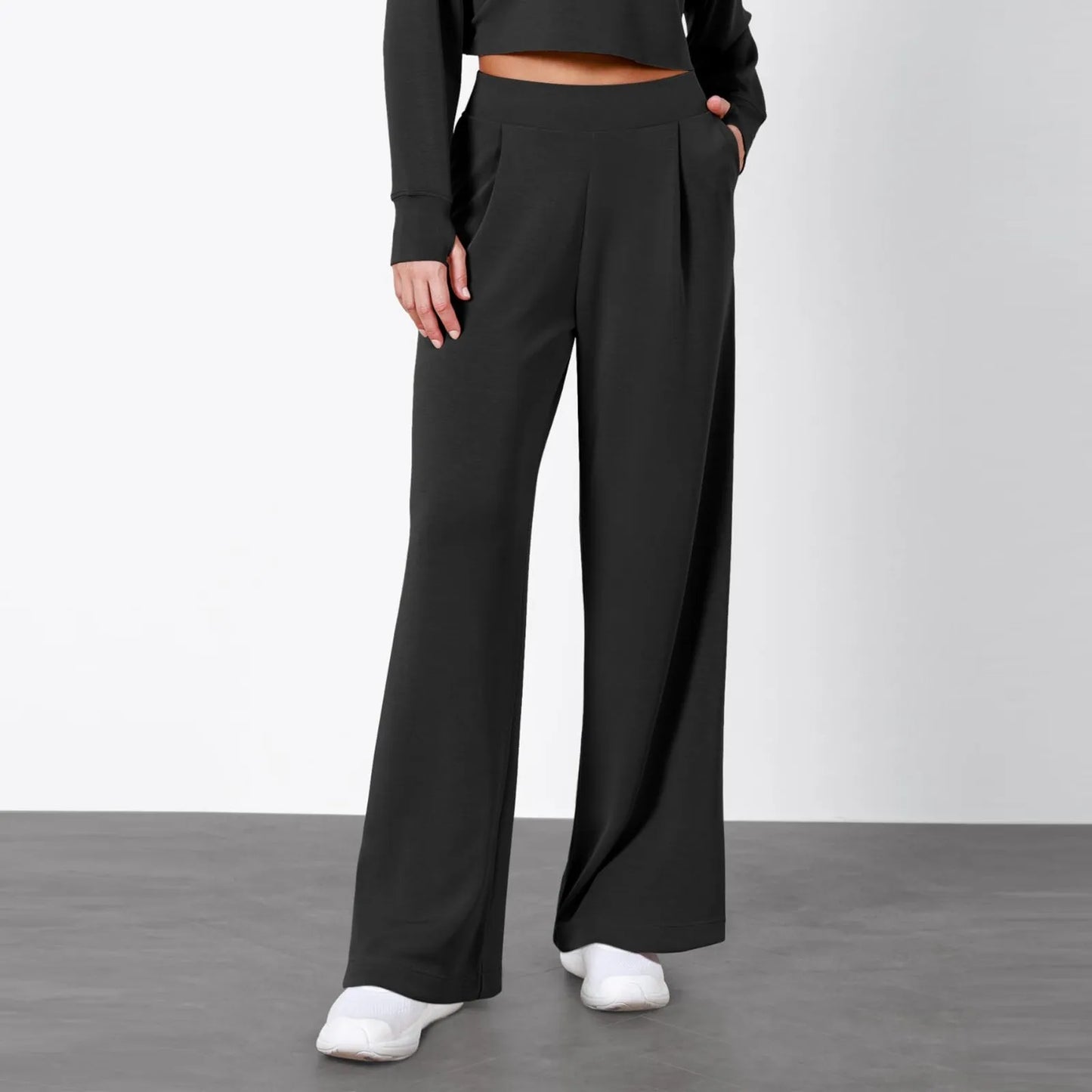 Women Black Draped Trouser Lady Office Business Work Formal Suit Pants Solid Color High Waist Straight Wide Leg Casual Pantalone
