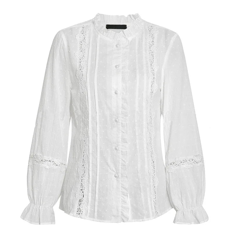 Romantic White Blouse with Lace and Ruffles | Bohemian Elegance 2025 Spring Summer Women Blouse Fashion Casual Ruffles V Neck Long Sleeve Hollow Out Tops Office Lady Boho Chic Shirt