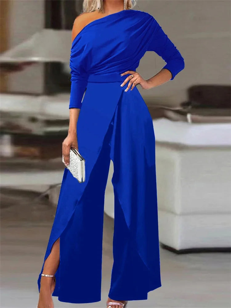 Jumpsuit for Women Elegant Office Lady Loose Ruched One Shoulder Split Hem Wide Leg Jumpsuit