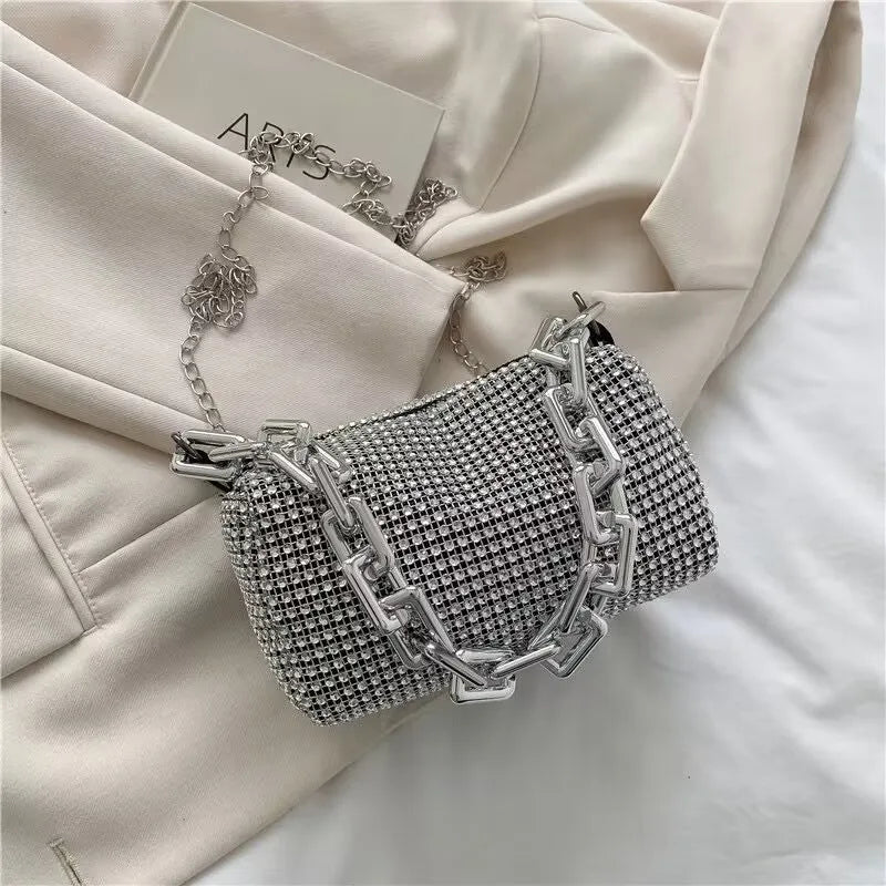 Women's Rhinestone Small Shoulder Bag Shiny Chain Handbag (6.3*3.54) inches