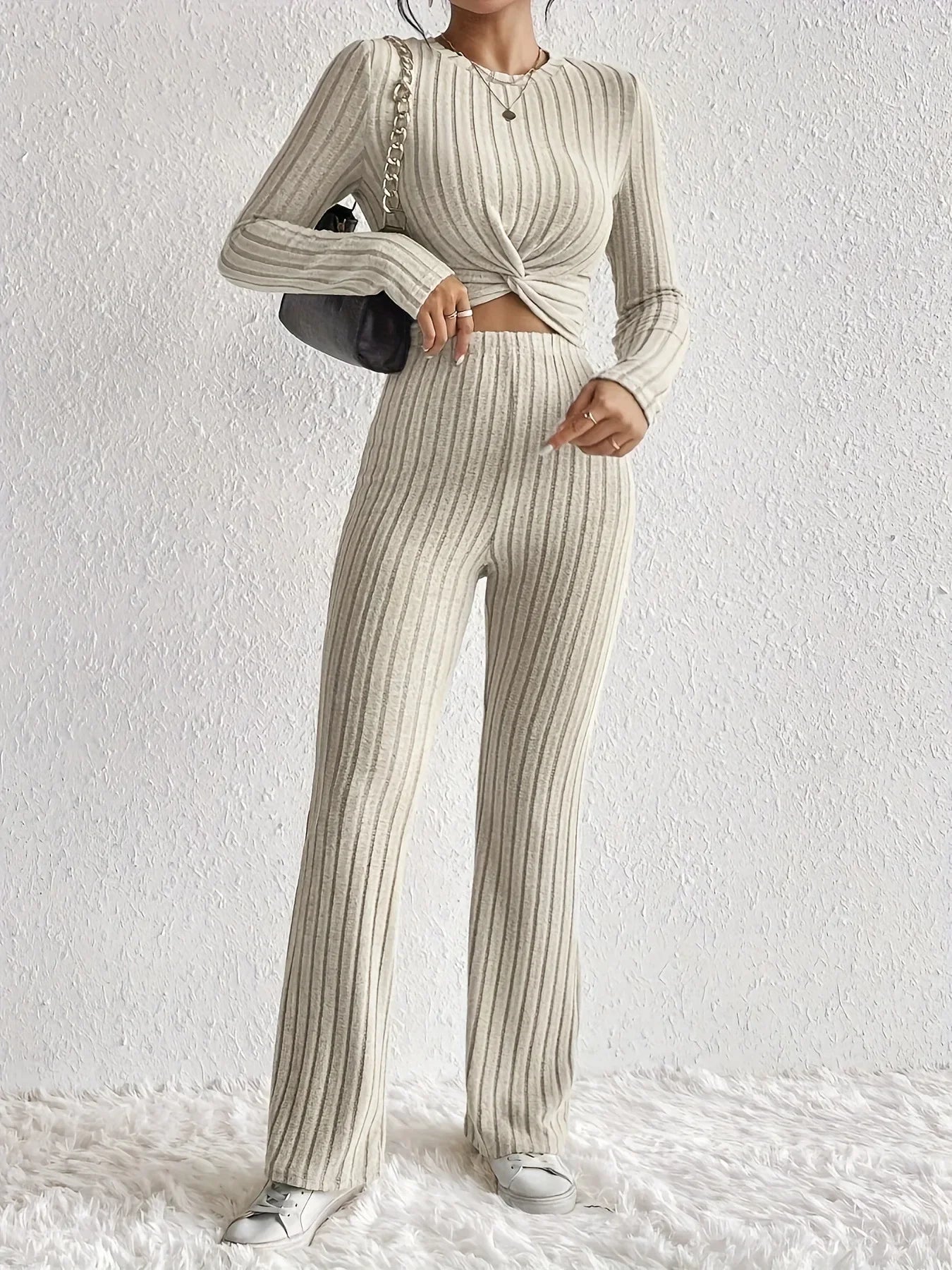 New Casual Solid Color 2-Piece Suit Top And Pants Cropped Long Sleeve Wrap Around Fashion Outfits For Women