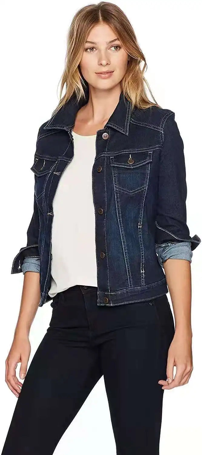 Women Denim Coat Washed Long Sleeve Slim Fit Short Jacket Pockets Turn Down Collar Street Casual Female Outerwear