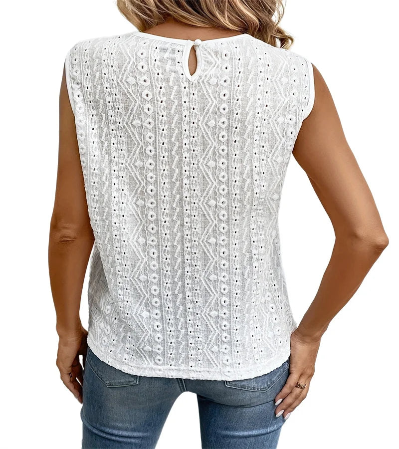 Detailed Lace White Tank Top | Casual Summer Elegance Cross-border hot spring new pure-color sweet wind lace stitching sleeveless blouse woman
