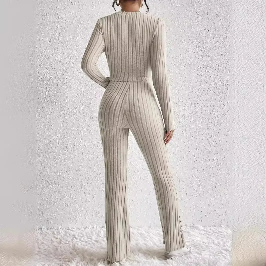 New Casual Solid Color 2-Piece Suit Top And Pants Cropped Long Sleeve Wrap Around Fashion Outfits For Women