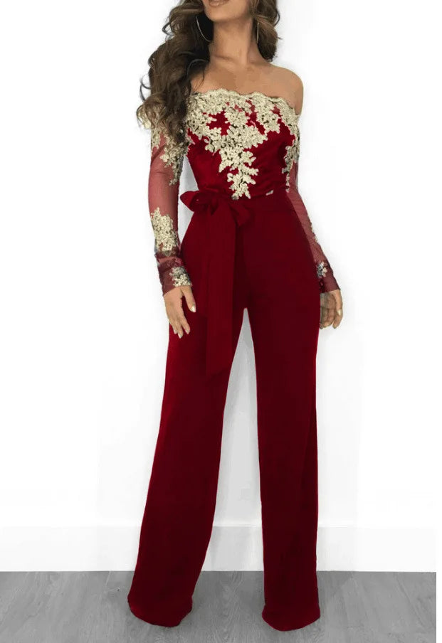 Elegant Women's Jumpsuit Cowl Neck Lace Trim Wide Leg Overalls | Party & Work Wear