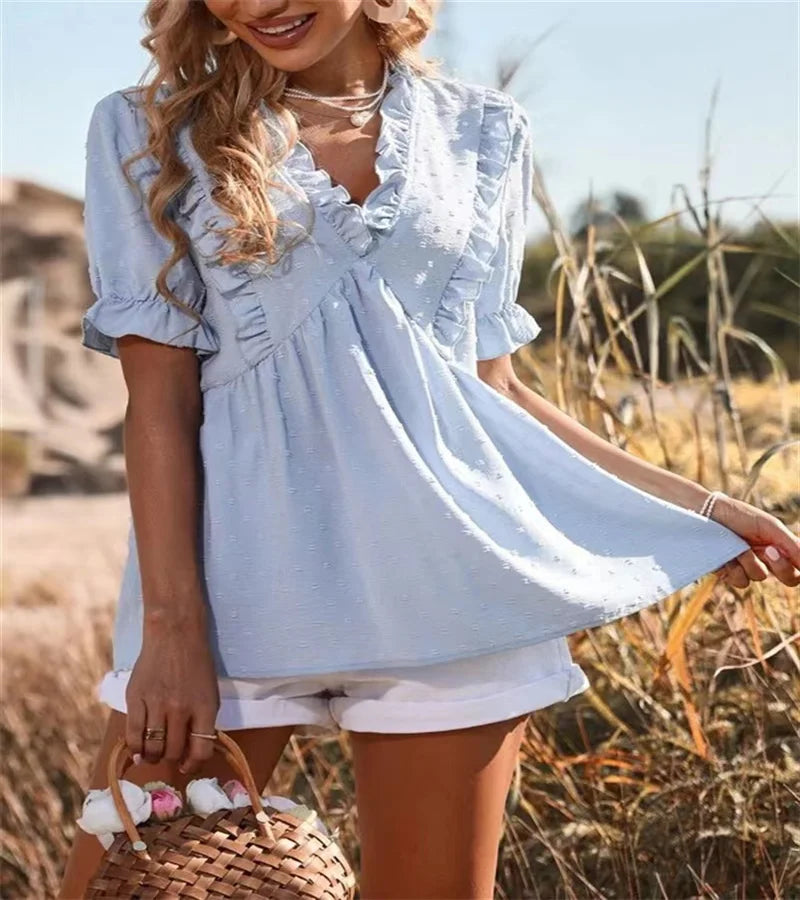 Light Blue Ruffled Blouse with Textured Details | Romantic and Feminine Style Spring Summer Fashion Casual Jacquard short-sleeved T-shirt v-neck Boho Tipe