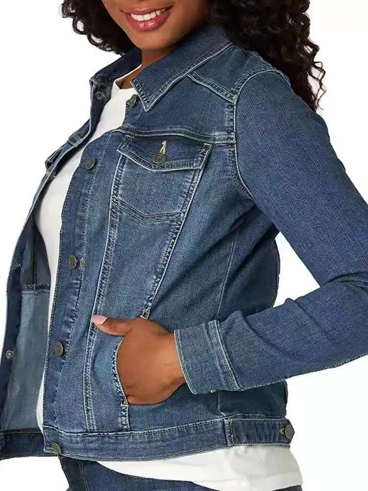 Women Denim Coat Washed Long Sleeve Slim Fit Short Jacket Pockets Turn Down Collar Street Casual Female Outerwear