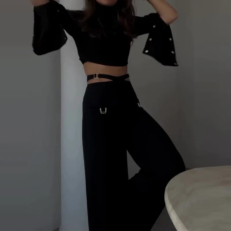 Chic 2-Piece Set for Women – Long Sleeve Crop Top & Wide-Leg Pants | Available in Black & White