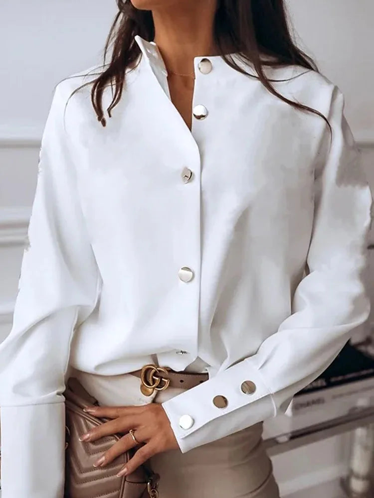 Long Sleeve 2024 Stand Collar Office Lady Tops Button Up Women Blouse White Casual Woman Shirt Fashion Black Loose Shirts 10619