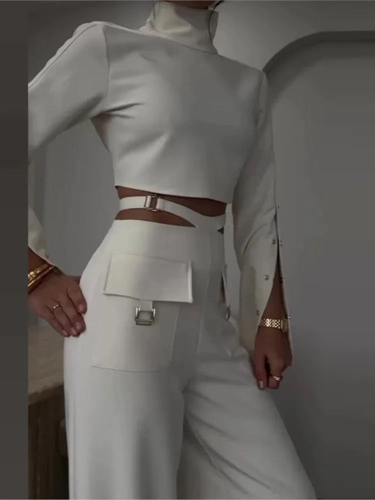 Chic 2-Piece Set for Women – Long Sleeve Crop Top & Wide-Leg Pants | Available in Black & White