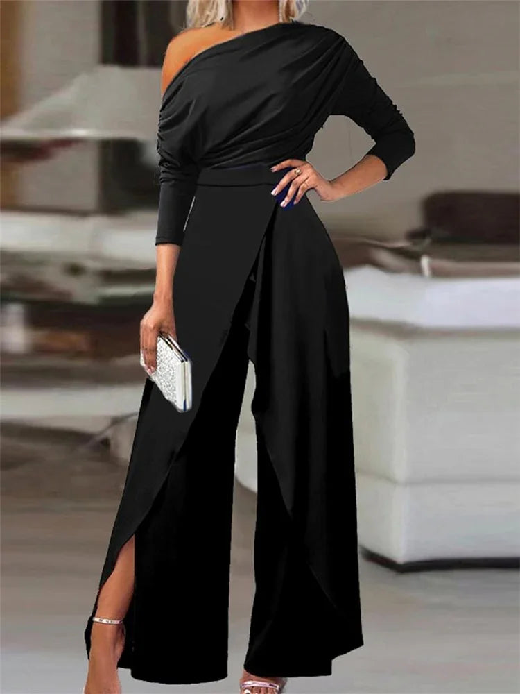Jumpsuit for Women Elegant Office Lady Loose Ruched One Shoulder Split Hem Wide Leg Jumpsuit