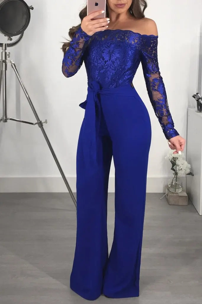 Elegant Women's Jumpsuit Cowl Neck Lace Trim Wide Leg Overalls | Party & Work Wear