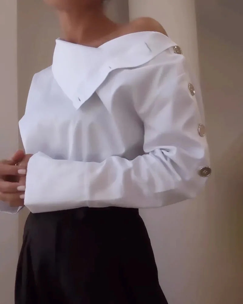 Women Trendy Stand Collar Side Button Elegant Shirt Spring Leisure Versatile Sexy Off Shoulder Long Sleeve White Blouses