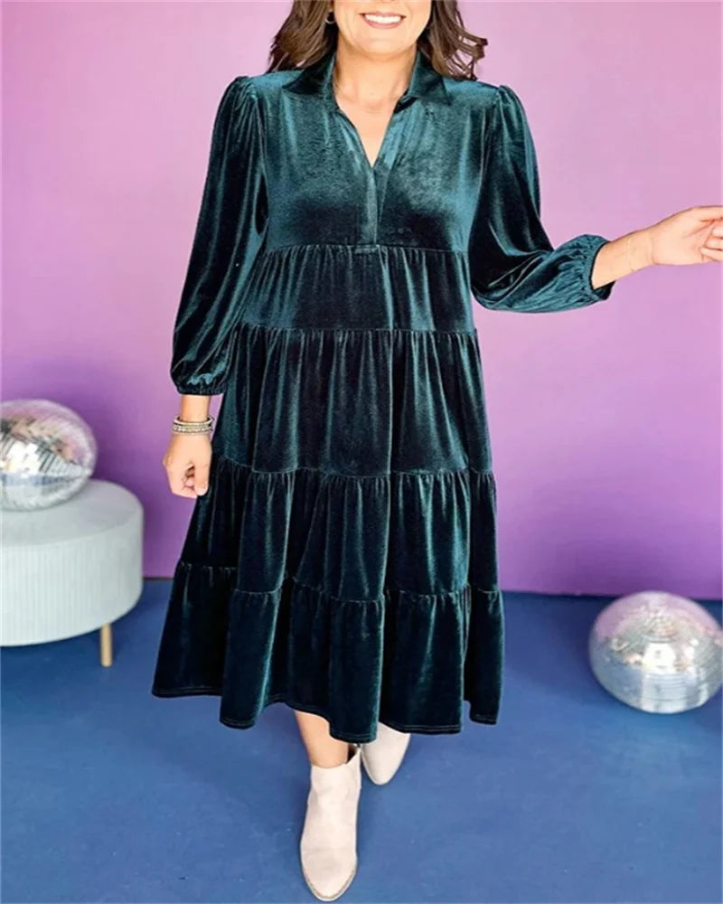 Elegant Burgundy Velvet Midi Dress – Chic & Flowy Style Women's Long Dress New V-neck Velvet Loose Fit Multi-layer Ruffle Hem Casual Comfortable Dress