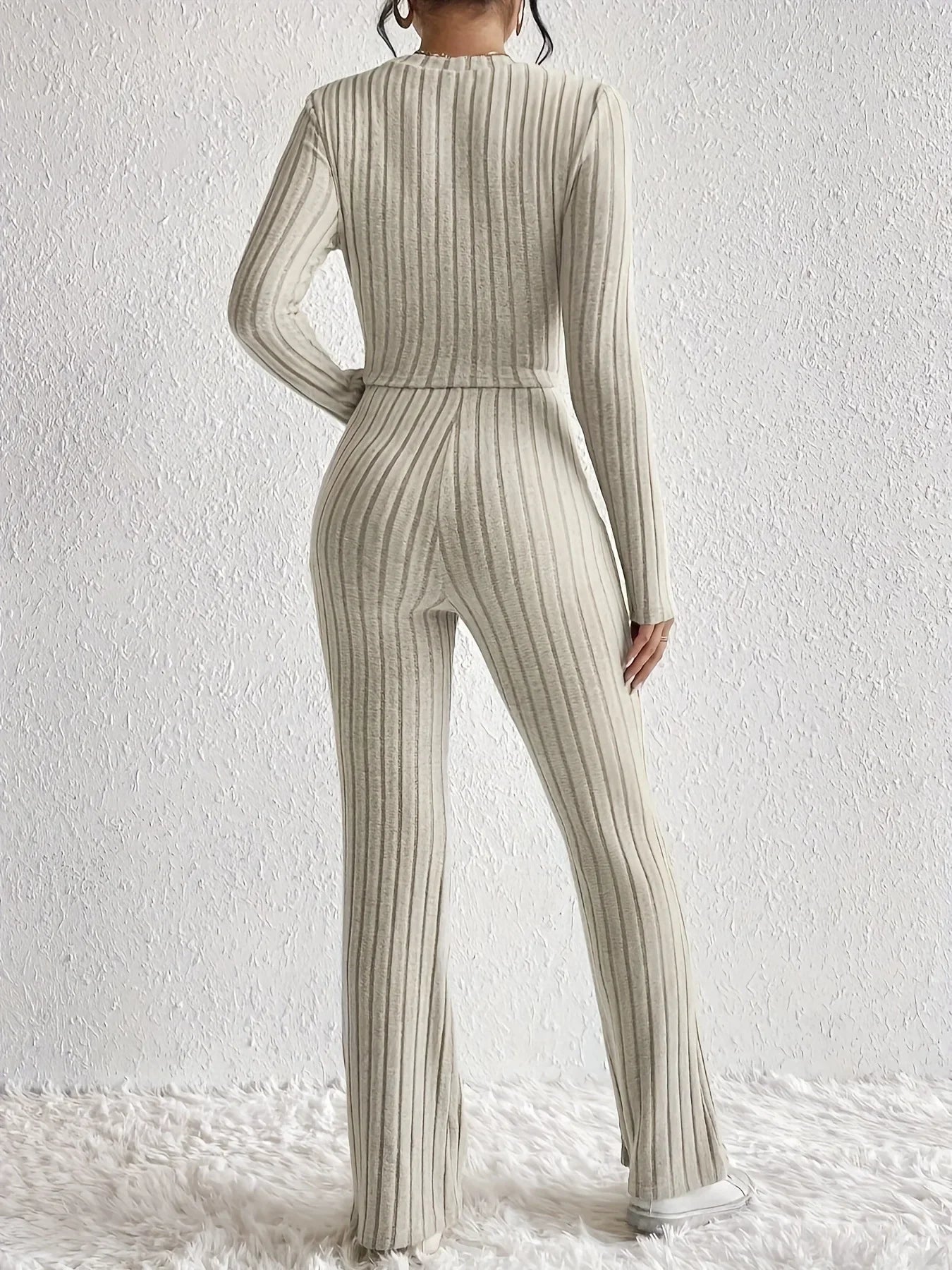 New Casual Solid Color 2-Piece Suit Top And Pants Cropped Long Sleeve Wrap Around Fashion Outfits For Women