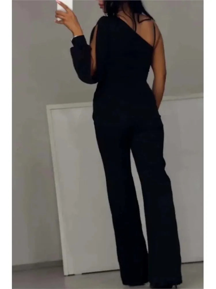 Fashion sexy off shoulder high slit jumpsuit, long sleeve black party jumpsuit
