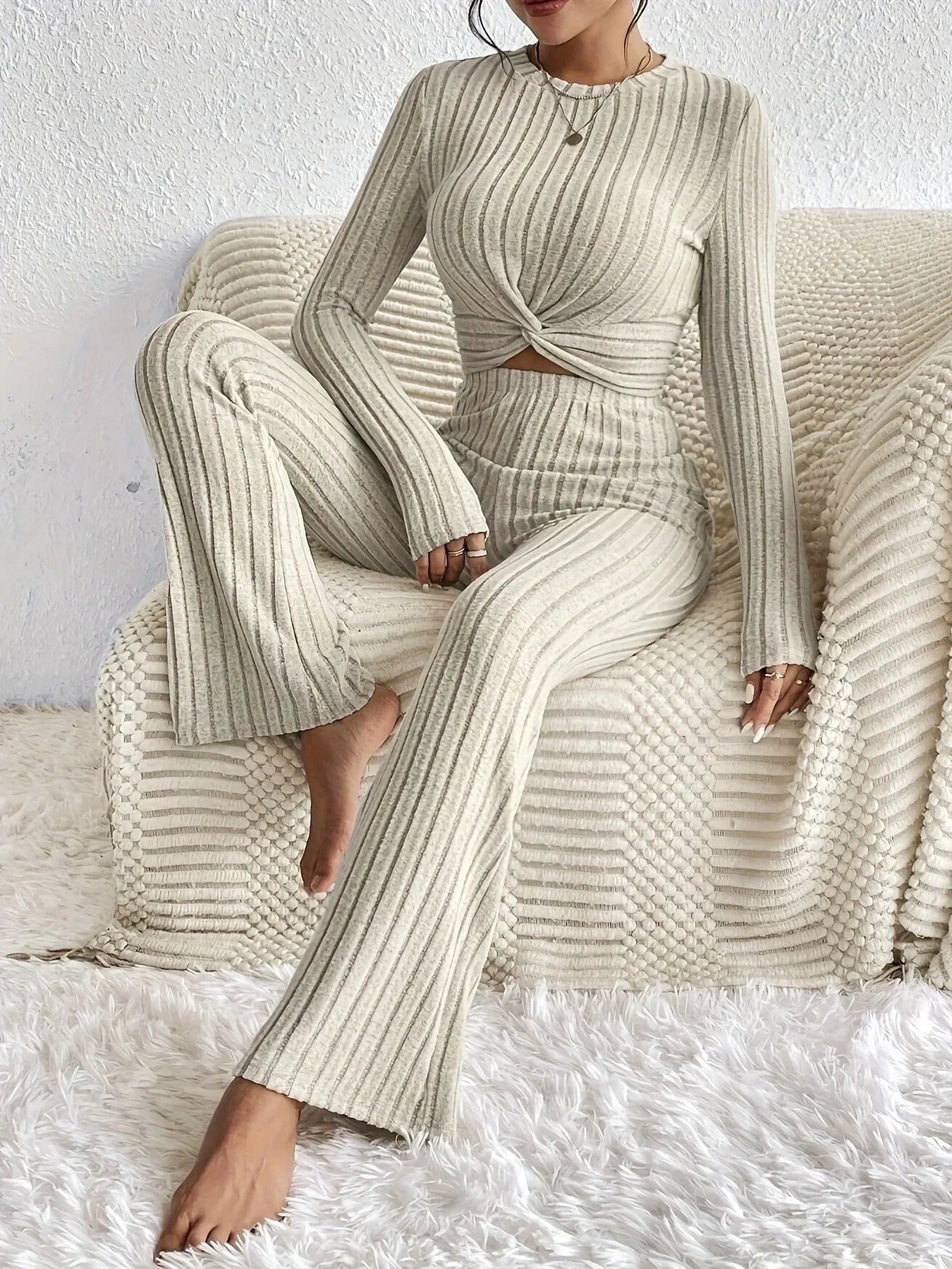 New Casual Solid Color 2-Piece Suit Top And Pants Cropped Long Sleeve Wrap Around Fashion Outfits For Women