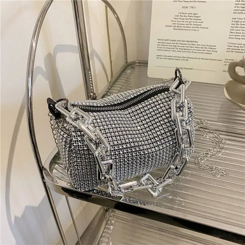 Women's Rhinestone Small Shoulder Bag Shiny Chain Handbag (6.3*3.54) inches