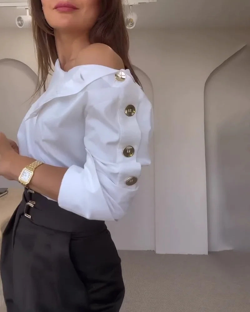 Women Trendy Stand Collar Side Button Elegant Shirt Spring Leisure Versatile Sexy Off Shoulder Long Sleeve White Blouses