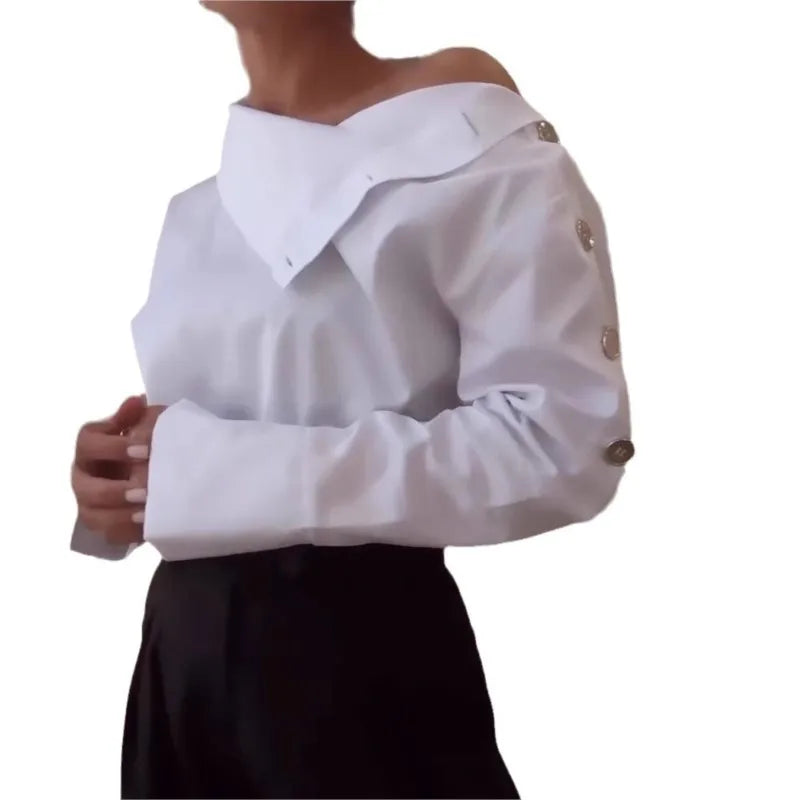 Women Trendy Stand Collar Side Button Elegant Shirt Spring Leisure Versatile Sexy Off Shoulder Long Sleeve White Blouses