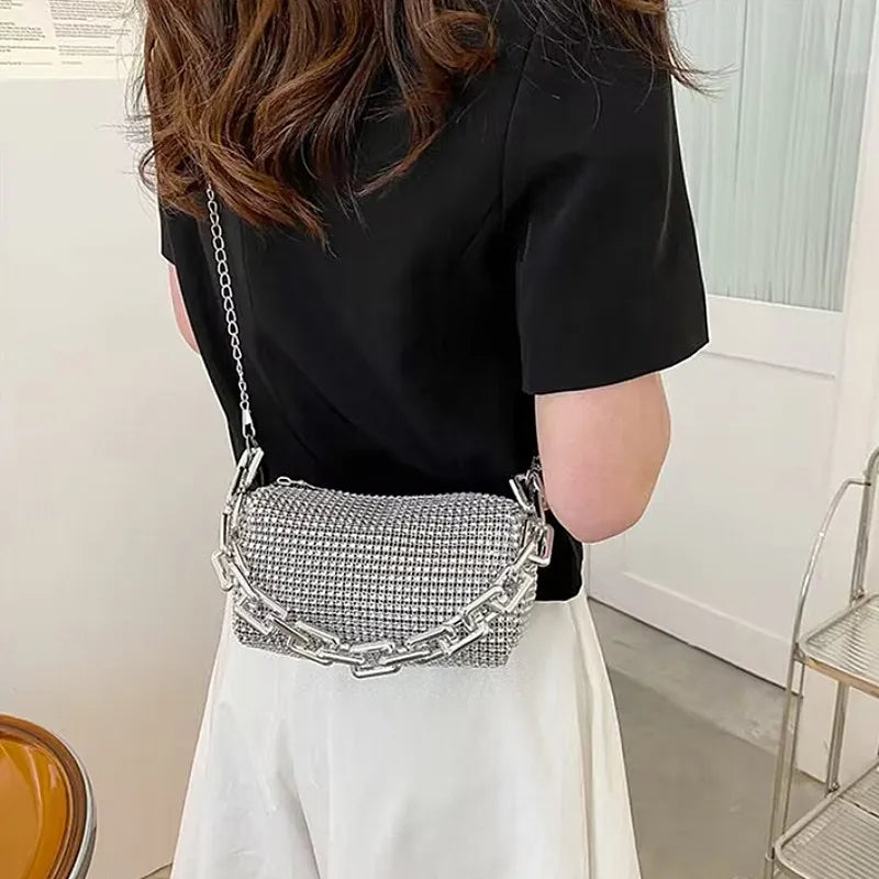 Women's Rhinestone Small Shoulder Bag Shiny Chain Handbag (6.3*3.54) inches