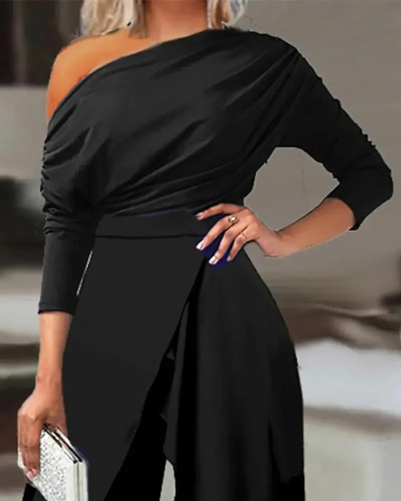 Jumpsuit for Women Elegant Office Lady Loose Ruched One Shoulder Split Hem Wide Leg Jumpsuit