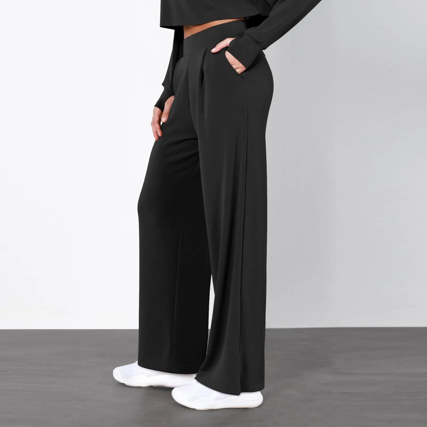 Women Black Draped Trouser Lady Office Business Work Formal Suit Pants Solid Color High Waist Straight Wide Leg Casual Pantalone