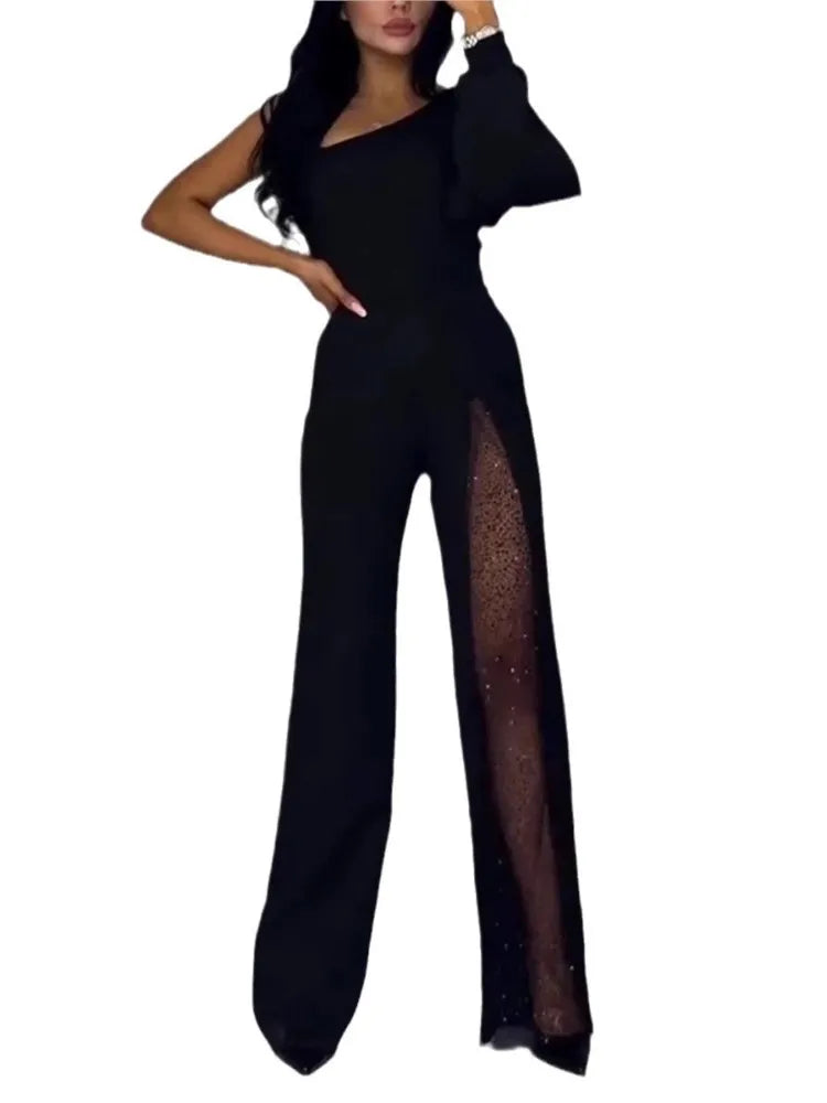 Fashion sexy off shoulder high slit jumpsuit, long sleeve black party jumpsuit