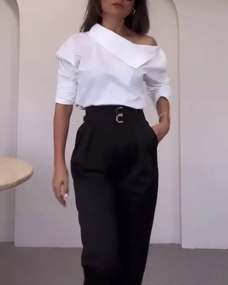 Women Trendy Stand Collar Side Button Elegant Shirt Spring Leisure Versatile Sexy Off Shoulder Long Sleeve White Blouses