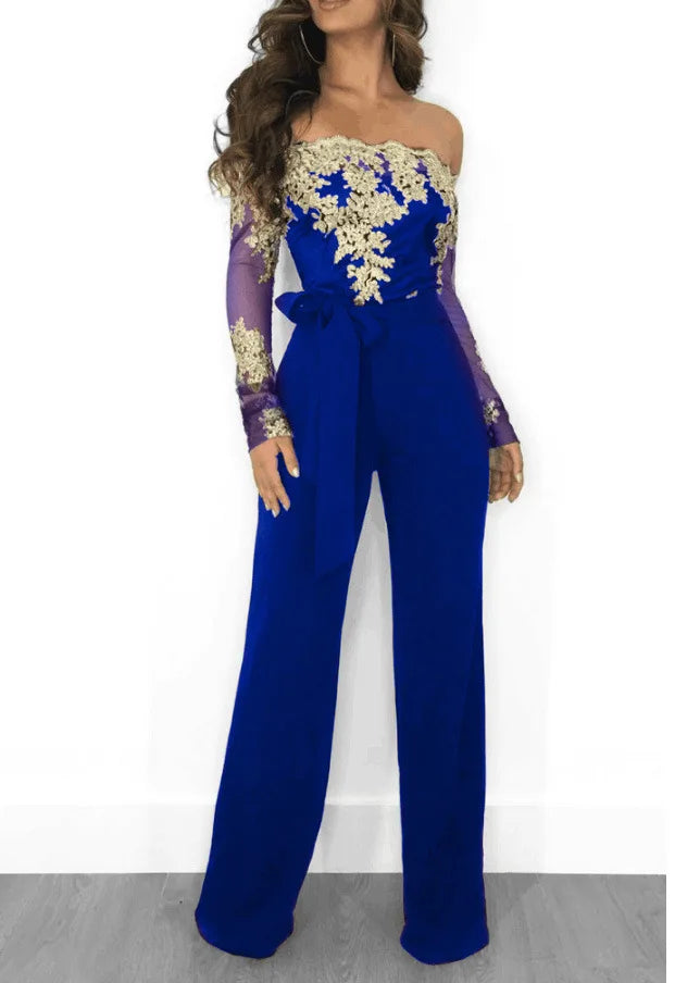 Elegant Women's Jumpsuit Cowl Neck Lace Trim Wide Leg Overalls | Party & Work Wear