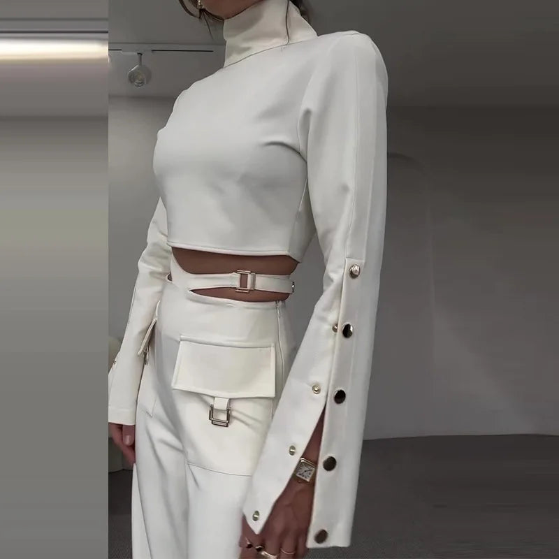 Chic 2-Piece Set for Women – Long Sleeve Crop Top & Wide-Leg Pants | Available in Black & White