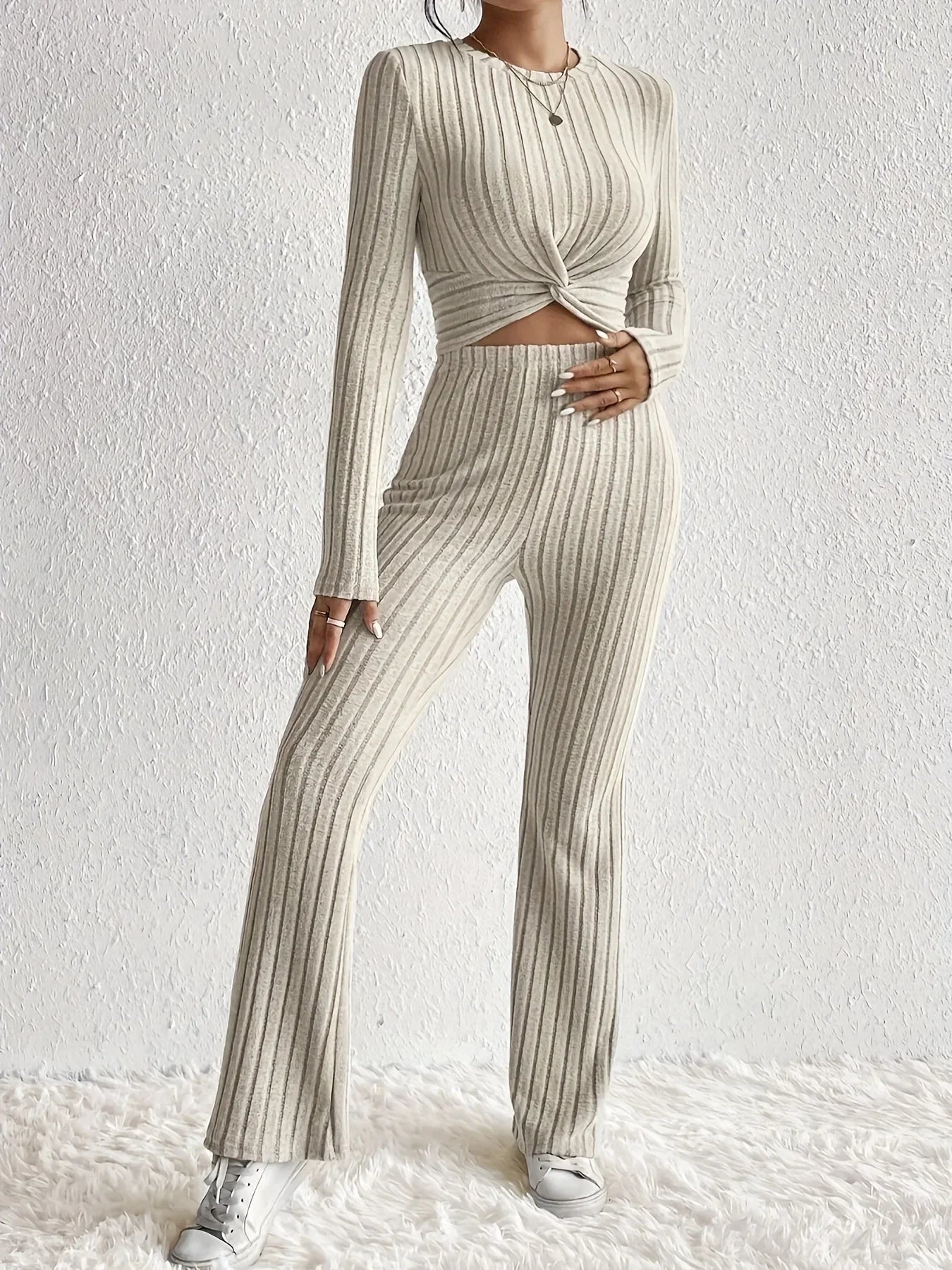 New Casual Solid Color 2-Piece Suit Top And Pants Cropped Long Sleeve Wrap Around Fashion Outfits For Women