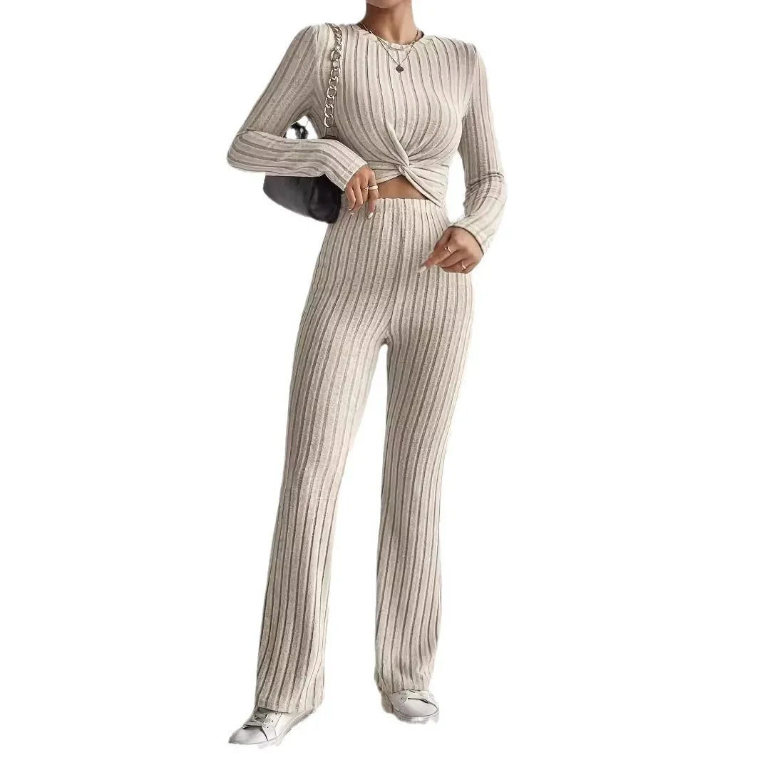 New Casual Solid Color 2-Piece Suit Top And Pants Cropped Long Sleeve Wrap Around Fashion Outfits For Women